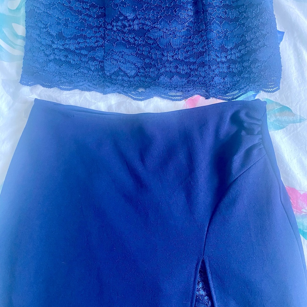 Elegant Formal/Evening  Blue Lace Top and Skirt Set